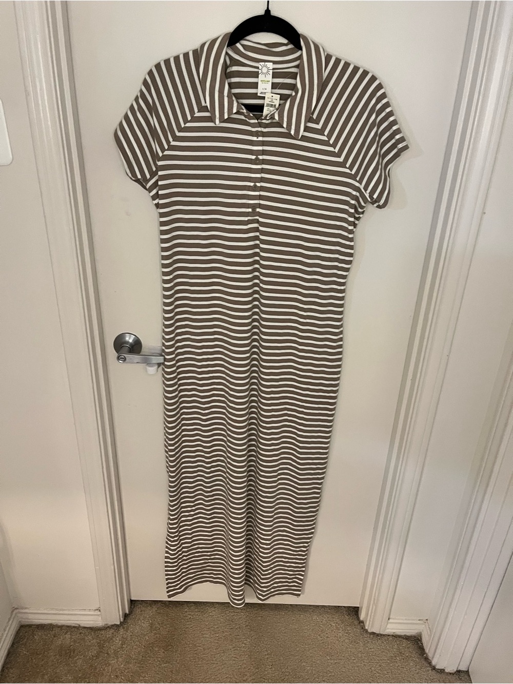 aerie Striped Polo Maxi Dress in Taupe and White